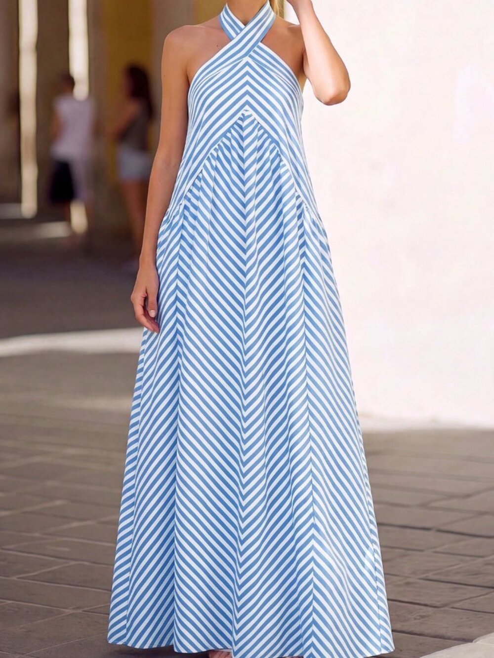 Blue Boho French Vacation Women's Loose Flowy Striped Halter Long Dress - Picture 5 of 7